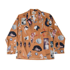 GUILTY PARTY LONG SLEEVE SATIN BOWLING SHIRT IN BROWN