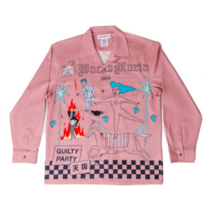 GUILTY PARTY SATIN LONG SLEEVE BOWLING SHIRT IN PINK