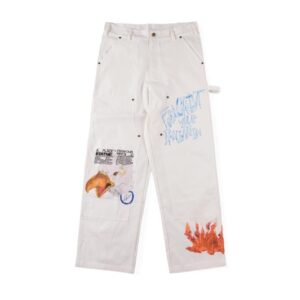 TRAVIS SCOTT CACTUS JACK x HIROSHI FUJIWARA FRAGMENT COLLABORATION PRINTED CARPENTER PANTS IN WHITE